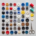 An array of colorful buttons is neatly arranged in rows on a textured light-gray surface. The Royalty Free Stock Photo