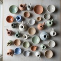An array of colorful ceramic pottery is displayed on a wooden Royalty Free Stock Photo