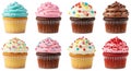 Array of colorful cupcakes in two rows, showcasing various designs. Each cupcake Royalty Free Stock Photo