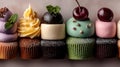 An array of colorful cupcakes with varied frosting and toppings is displayed. The