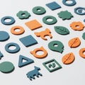 An array of colorful foam shapes is arranged on a white background. These include Royalty Free Stock Photo