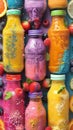Assorted Glass Bottles Filled with Colorful Fruit Juices and Fresh Fruits on Display Royalty Free Stock Photo