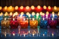 an array of colorful holiday candles on a glass tabletop