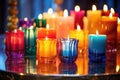 an array of colorful holiday candles on a glass tabletop