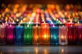 an array of colorful holiday candles on a glass tabletop