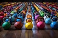 an array of colorful kettlebells arranged on a gym floor Royalty Free Stock Photo