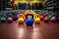 an array of colorful kettlebells arranged on a gym floor Royalty Free Stock Photo