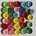 Array of colorful plastic buttons arranged in a grid pattern on a flat surface. Each Royalty Free Stock Photo