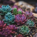 An array of colorful succulents with varied leaf structures and hues, including shades