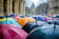 An Array Of Colorful Umbrellas Held By People Waiting Outside A Museum On A Rainy Day