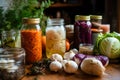 An array of colorful vegetables, spices, salt and jars prepared for creating homemade fermented veggies