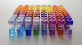 An array of colorful vials containing different bioinks ready to be loaded into the 3D bioprinter for precision printing