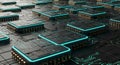 An array of computer chips arranged on a dark, circuit board-like surface. The chips Royalty Free Stock Photo