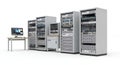 Computer Server Farm with Multiple Server Racks and a Desktop Workstation on a White Seamless Backdrop for Technology Royalty Free Stock Photo