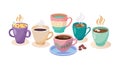 Array of Cozy Patterned Steaming Coffee Cups, vector design Generative AI Royalty Free Stock Photo