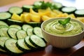 an array of cucumber slices leading to a bowl of hummus