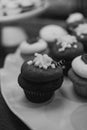 Array of cupcakes adorned with white frosting in grayscale