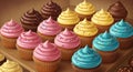 An array of cupcakes sits on a display. Each cupcake is topped with colorful, swirled Royalty Free Stock Photo
