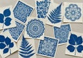 An array of cyanotype prints featuring botanical designs and Royalty Free Stock Photo