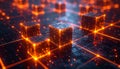 Array of dark cubes with glowing orange edges and internal particles on a digital grid abstract Royalty Free Stock Photo