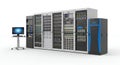 Data Center Servers Array with Multiple Racks and Network Hubs on White Background in Isolated Studio for Royalty Free Stock Photo