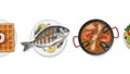 An array of delicious meals including waffles, fish, paella, and fruit salad. Royalty Free Stock Photo