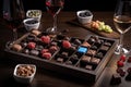 array of different chocolates, with wine pairing suggestions for each