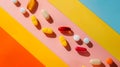 array of different vitamins and supplements scattered across a vibrant multicolored background Royalty Free Stock Photo