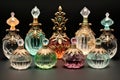 An array of differently colored glass bottles placed next to each other on a surface, Vintage perfume bottles with decorative Royalty Free Stock Photo