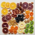 An array of dried and fresh fruit is neatly organized on a light surface. The selection includes Royalty Free Stock Photo