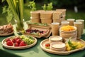 an array of eco-friendly, disposable bamboo plates and cups