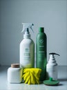 An array of eco-friendly household cleaning products.
