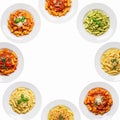 Different types of pasta in a plate on a white background. Top view. Royalty Free Stock Photo