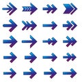 Array of eighteen blue and purple gradient arrows, each with unique designs and Royalty Free Stock Photo