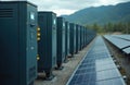 Array of electrical inverters, solar panels with mountains at background. Concept of eco tech power, renewable energy source. Royalty Free Stock Photo