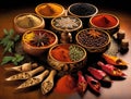 An array of exotic spices ready to be used in a delicious dish. Lifestyle concept. AI generation