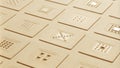 An array of finished semiconductor chips displayed on a cleanroom table each chip exhibiting a variety of geometrical