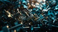 An array of fragmented abstract keys symbolizing the complex mathematical processes behind blockchain encryption