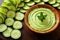 an array of fresh cucumber slices fanned around a bowl of creamy hummus