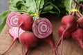 Array of fresh radishes is artfully arranged on a solid brown surface: Chioggia