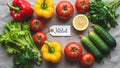 An array of fresh vegetables and fruits on a cloth background forms a frame around a tag labeled Royalty Free Stock Photo