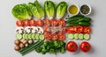 An array of fresh vegetables and ingredients arranged neatly on a light surface. Royalty Free Stock Photo