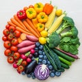 Array of fruits and vegetables arranged in a semicircle on a light Royalty Free Stock Photo