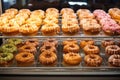 an array of glazed donuts on a glass bakery shelf Royalty Free Stock Photo