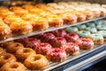 an array of glazed donuts on a glass bakery shelf Royalty Free Stock Photo