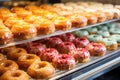 an array of glazed donuts on a glass bakery shelf