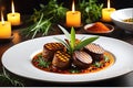 Array of gourmet non-vegetarian dishes elegantly plated on fine porcelain, meats glistening with perfection