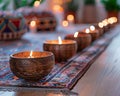 An array of handcrafted candles casting a warm glow over an intricately patterned runner. Generative AI