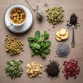 Array of herbs and spices dried chamomile flowers fresh mint leaves Royalty Free Stock Photo