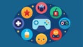 An array of iconic gaming icons including controllers avatars health bars and powerups arranged in a dynamic circular Royalty Free Stock Photo